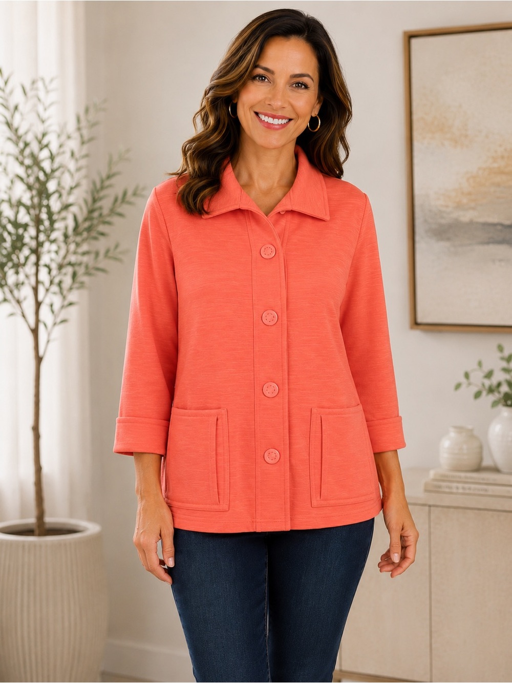 Onque Casual Coral Snap Front Jacket – Women’s Size XL